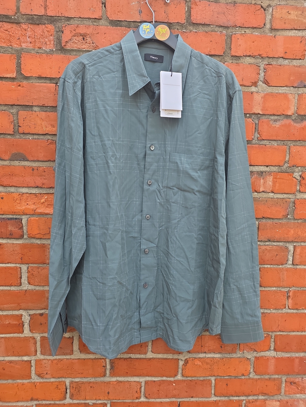 Theory Noll Flow Grid Shirt Men’s Large Green 100% Lyocell NWT (Z1)